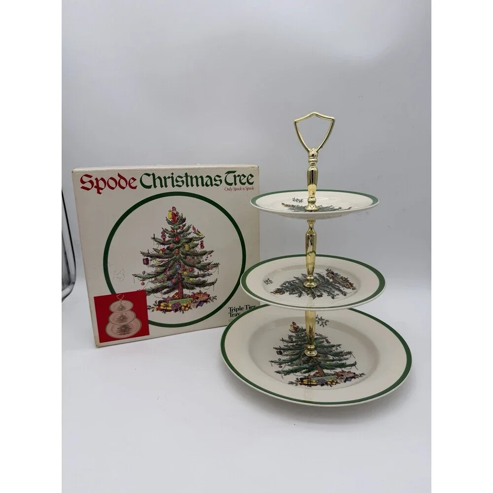 Spode Christmas Tree Triple 3 Tier Serving Tray Cookie Stand England Porcelain B
